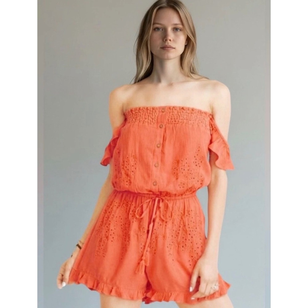American Eagle Coral Eyelet Embroidered Off Shoulder Ruffle Romper Size S NEW